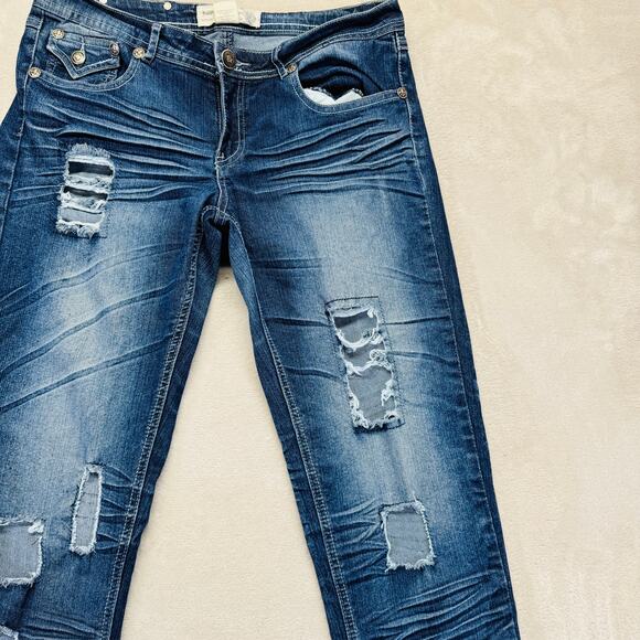 RawBlue Jeans Womens 9/10 Dark Wash Blue Denim Mid Rise Skinny 32" Destroyed Y2K - Picture 1 of 12
